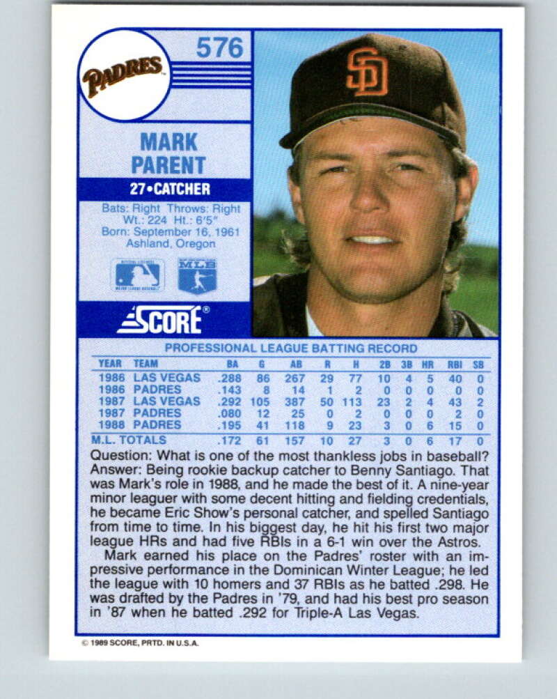 1989 Score #576 Mark Parent Mint RC Rookie San Diego Padres