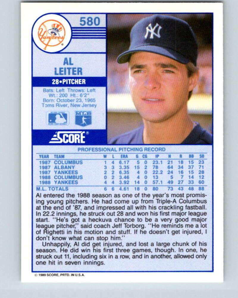 1989 Score #580 Al Leiter Mint New York Yankees