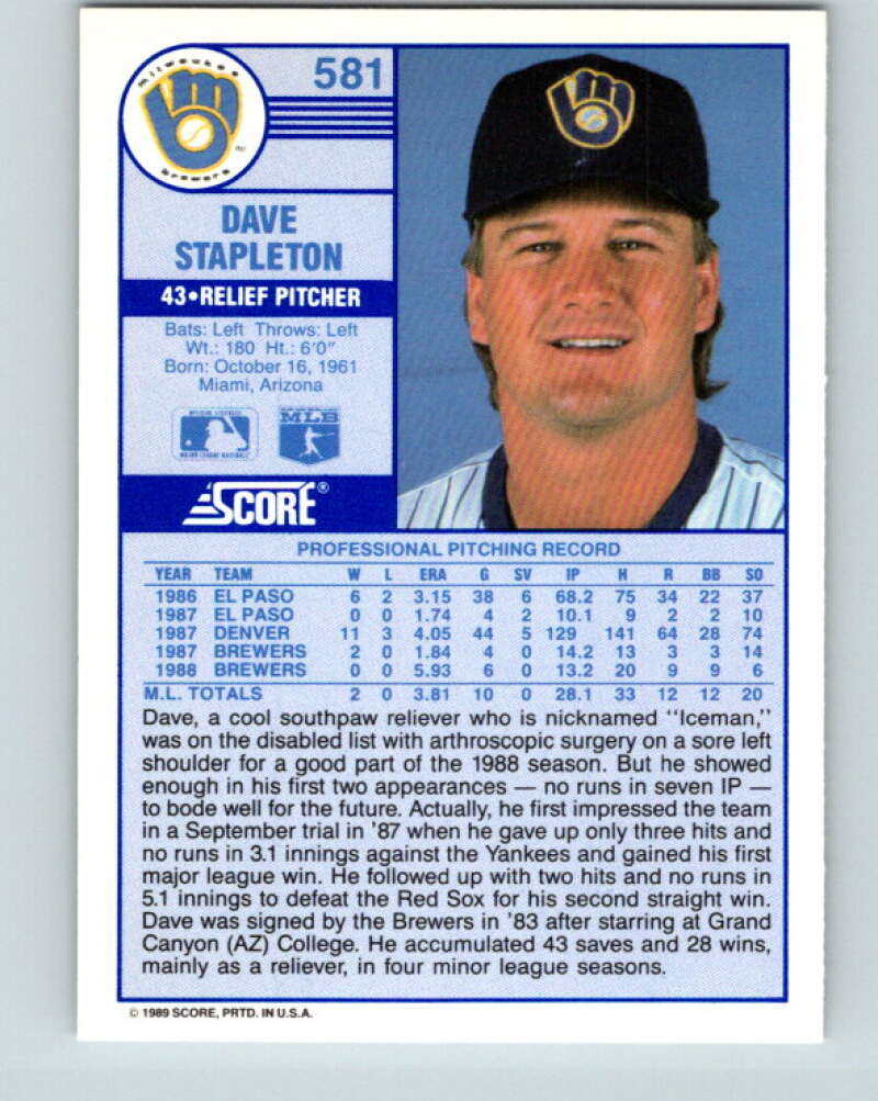 1989 Score #581 Dave Stapleton Mint Milwaukee Brewers