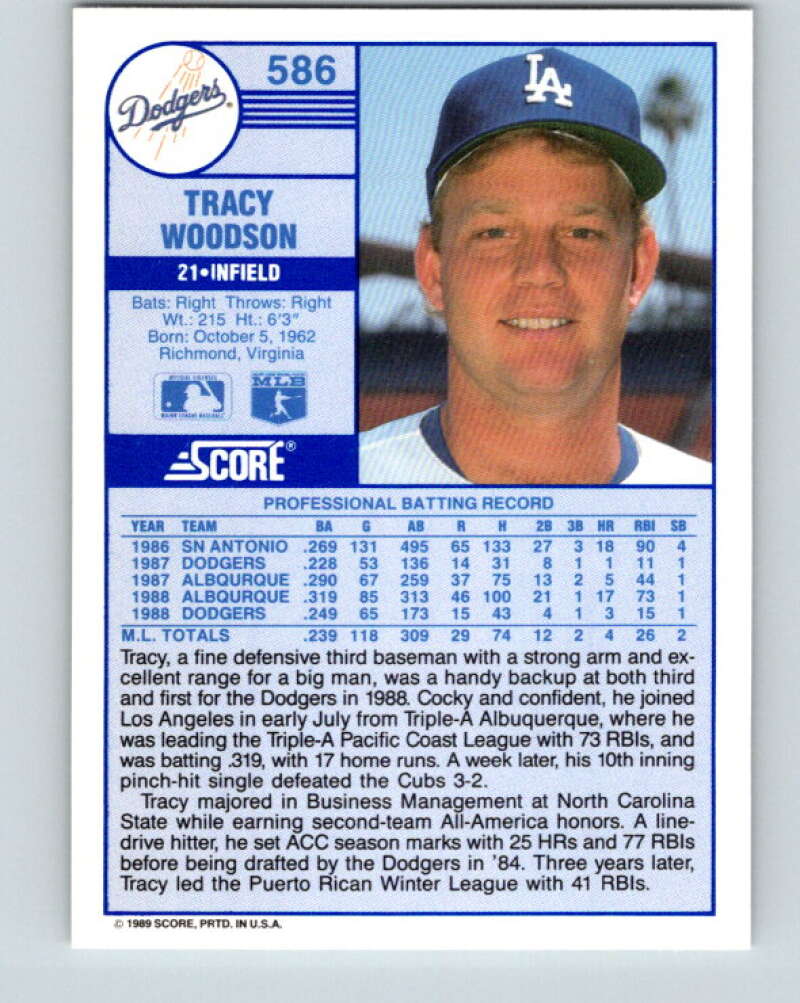 1989 Score #586 Tracy Woodson Mint Los Angeles Dodgers