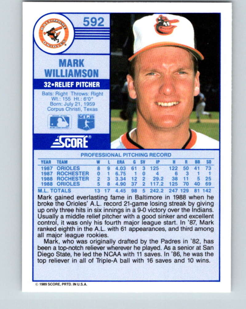 1989 Score #592 Mark Williamson Mint Baltimore Orioles