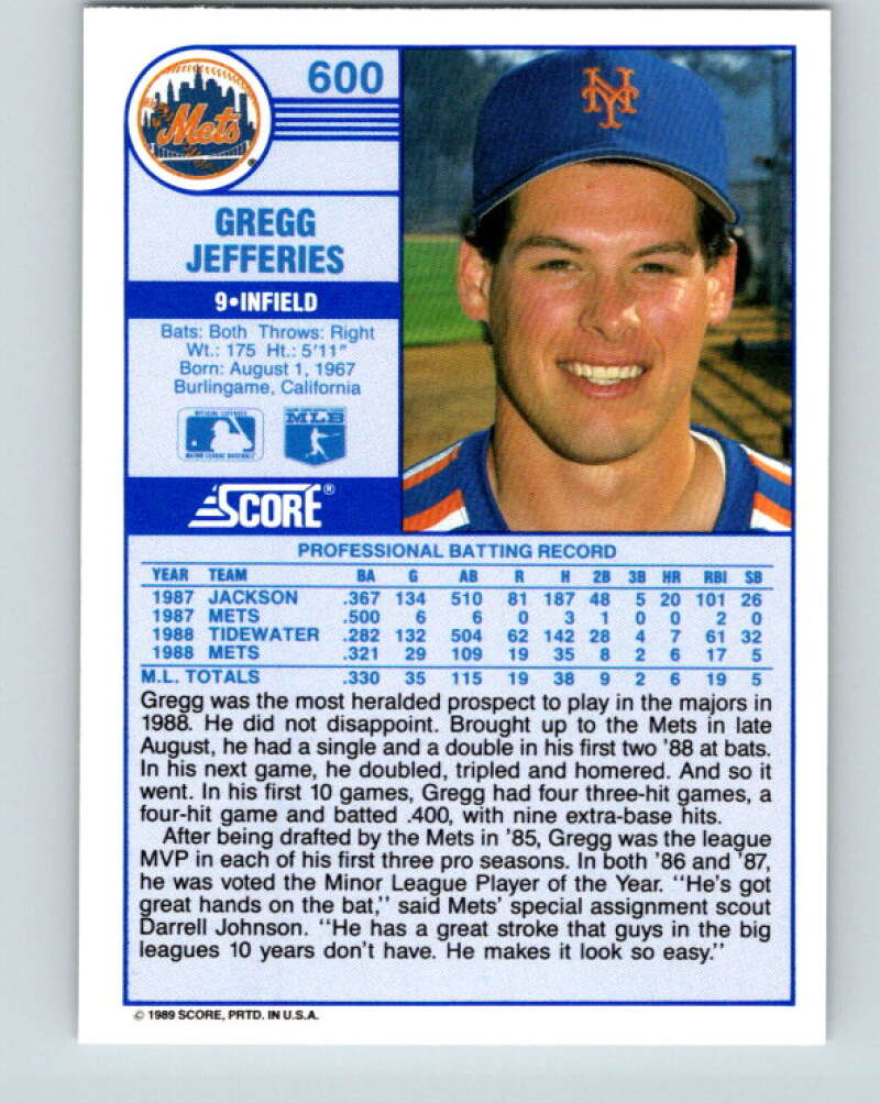1989 Score #600 Gregg Jefferies Mint New York Mets