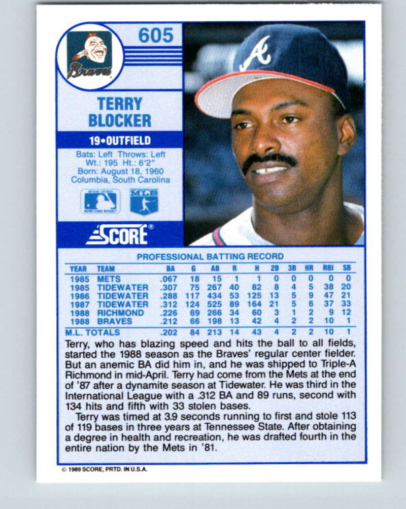 1989 Score #605 Terry Blocker Mint RC Rookie Atlanta Braves