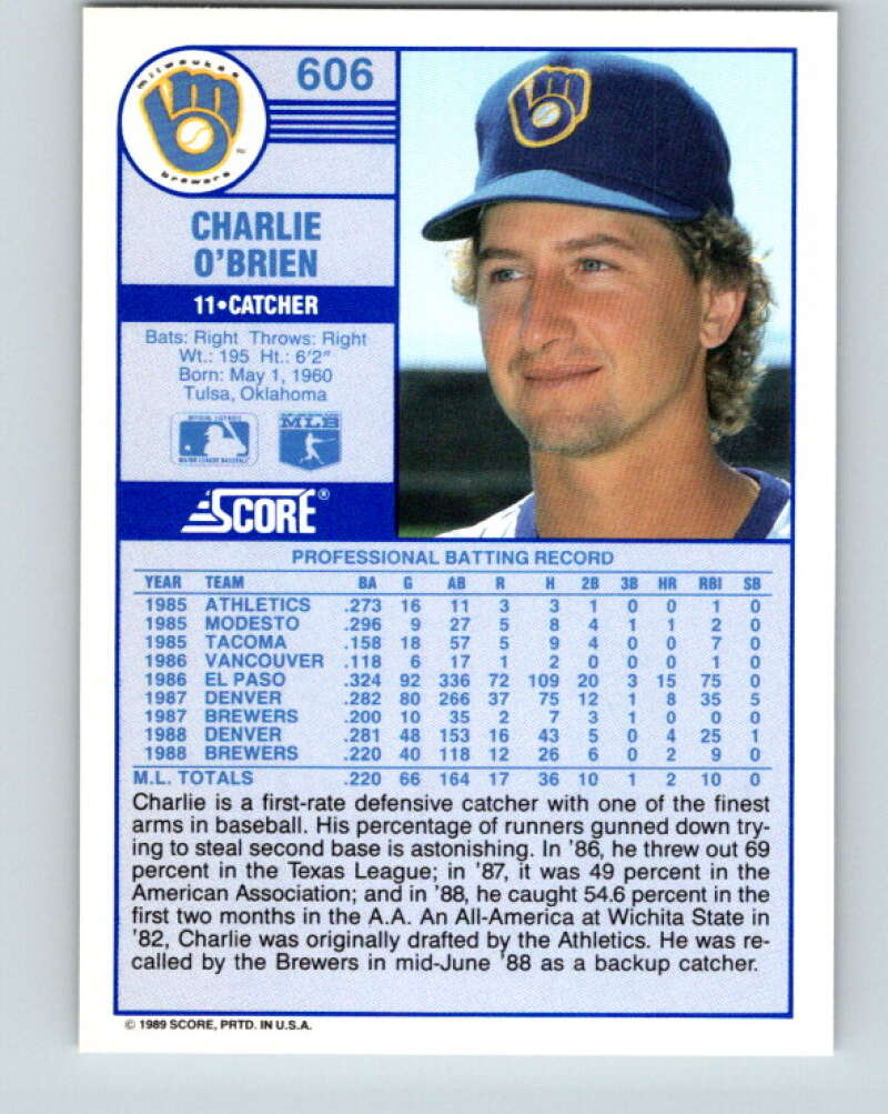 1989 Score #606 Charlie O'Brien Mint Milwaukee Brewers