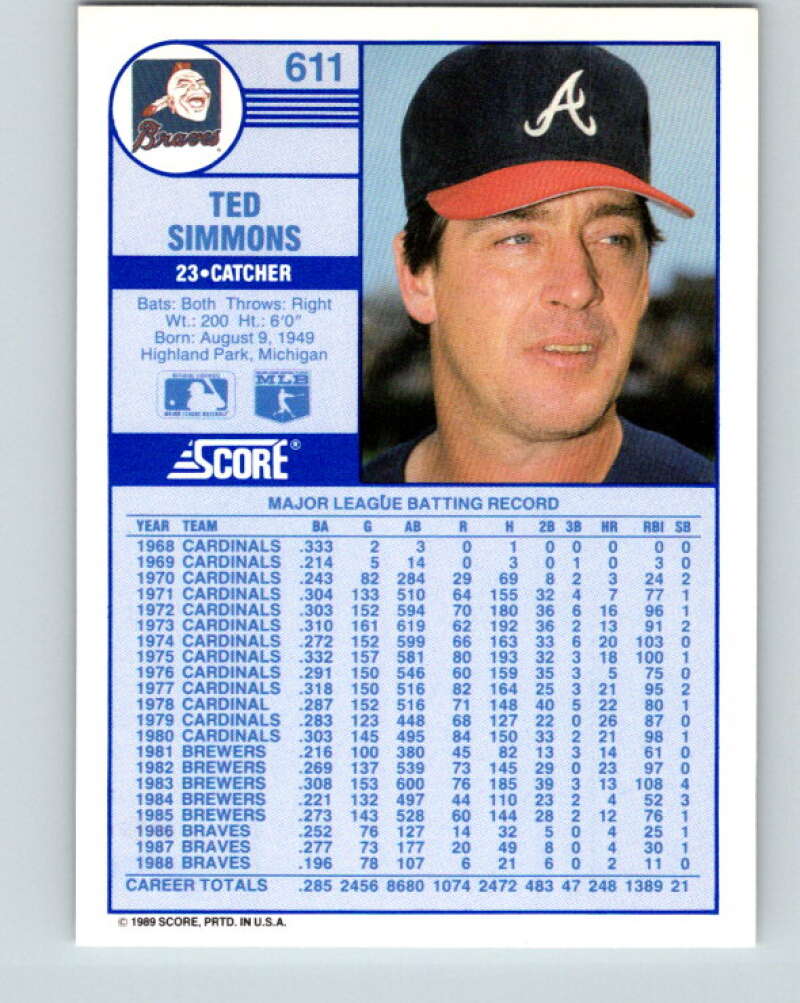 1989 Score #611 Ted Simmons Mint Atlanta Braves