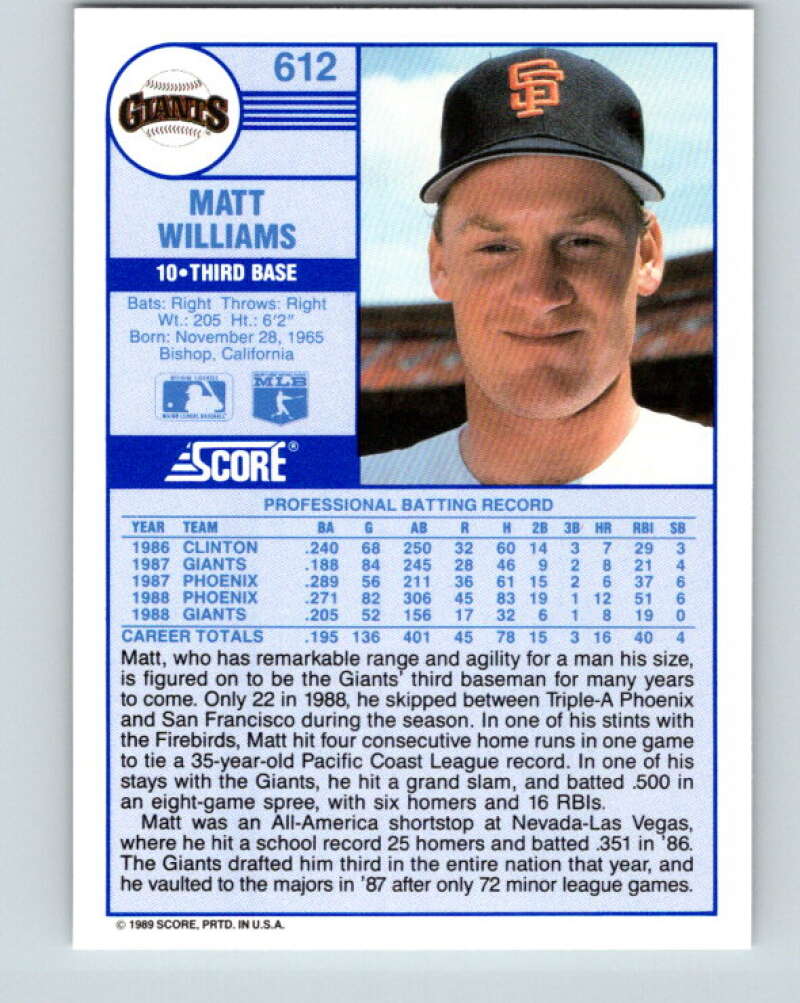1989 Score #612 Matt Williams Mint San Francisco Giants