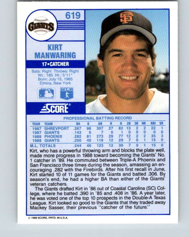 1989 Score #619 Kirt Manwaring Mint San Francisco Giants