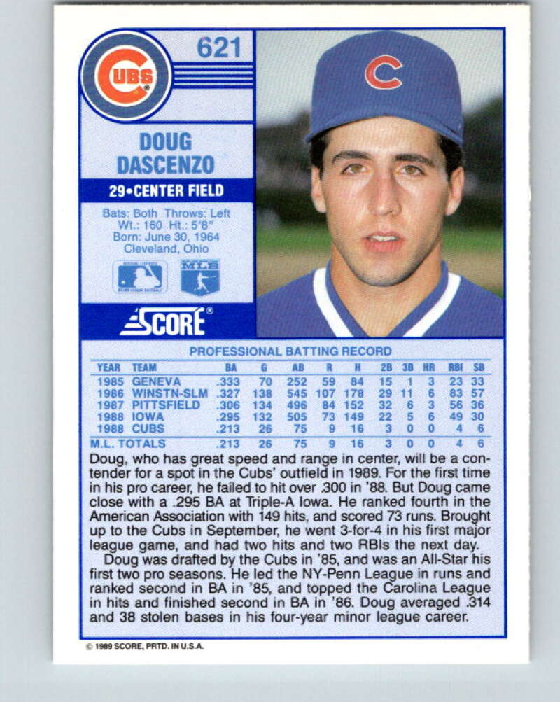 1989 Score #621 Doug Dascenzo Mint RC Rookie Chicago Cubs