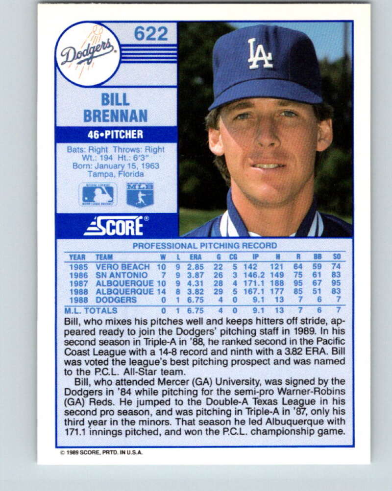 1989 Score #622 Bill Brennan Mint RC Rookie Los Angeles Dodgers
