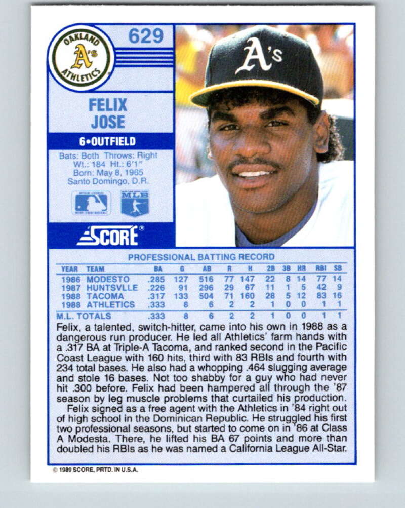 1989 Score #629 Felix Jose Mint RC Rookie Oakland Athletics