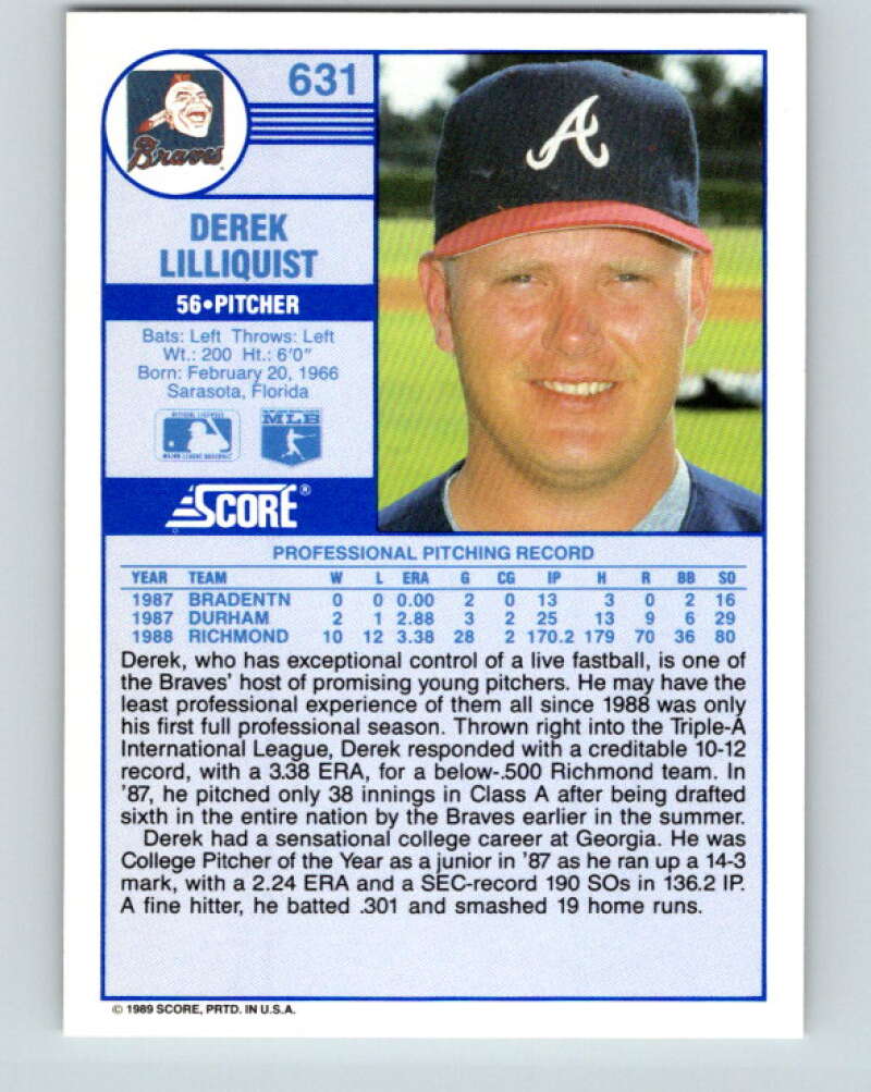 1989 Score #631 Derek Lilliquist Mint Atlanta Braves