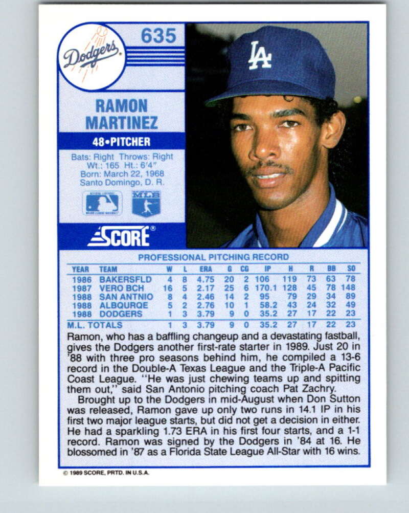 1989 Score #635 Ramon Martinez Mint RC Rookie Los Angeles Dodgers