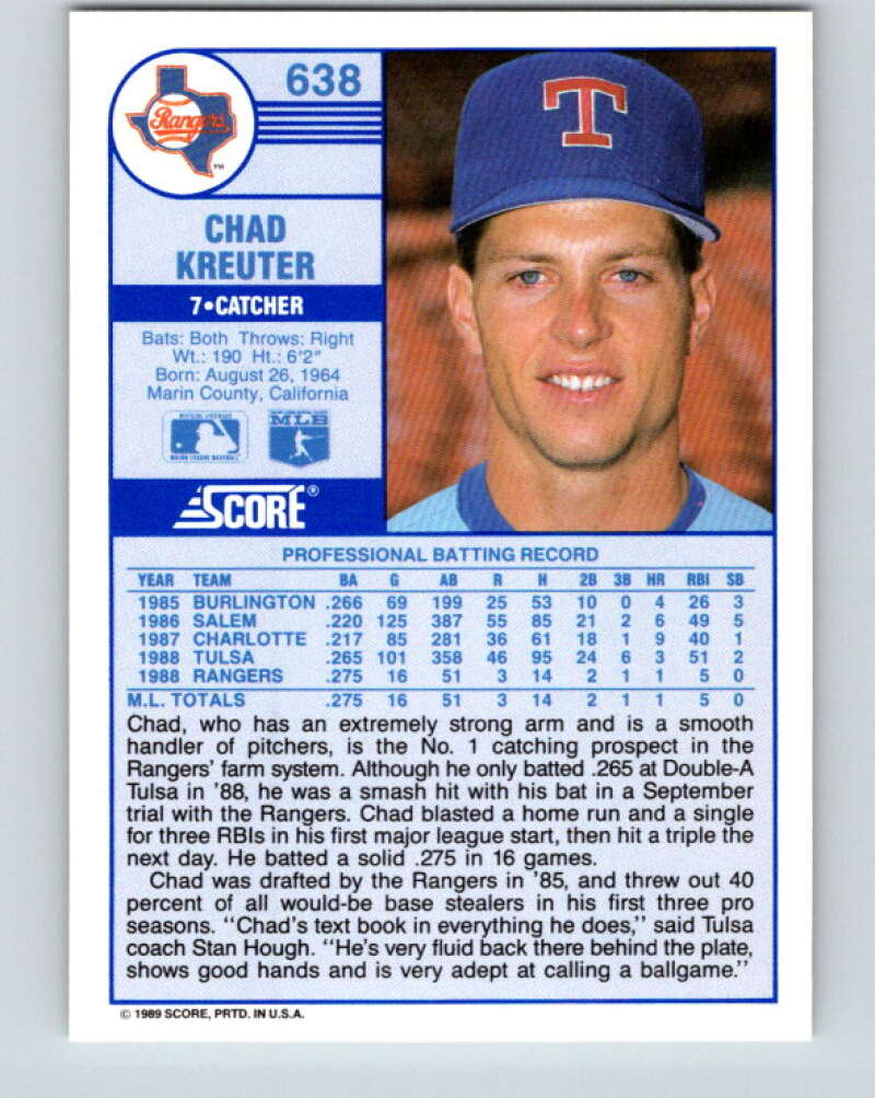 1989 Score #638 Chad Kreuter Mint RC Rookie Texas Rangers