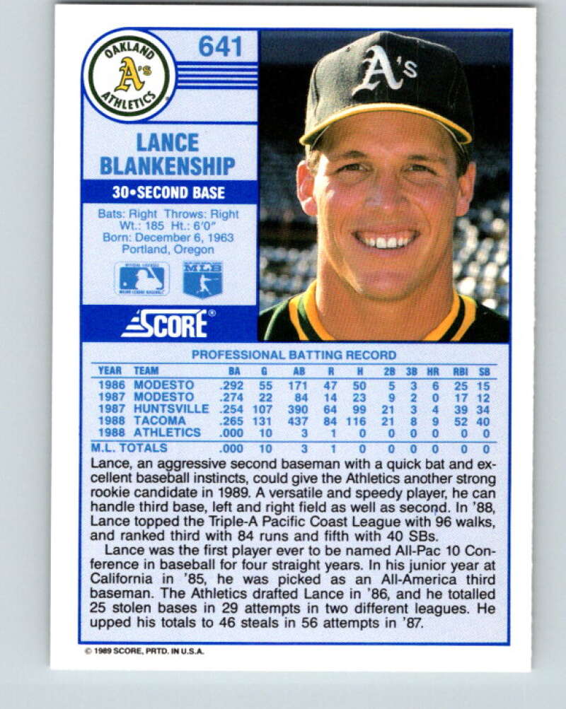 1989 Score #641 Lance Blankenship Mint RC Rookie Oakland Athletics