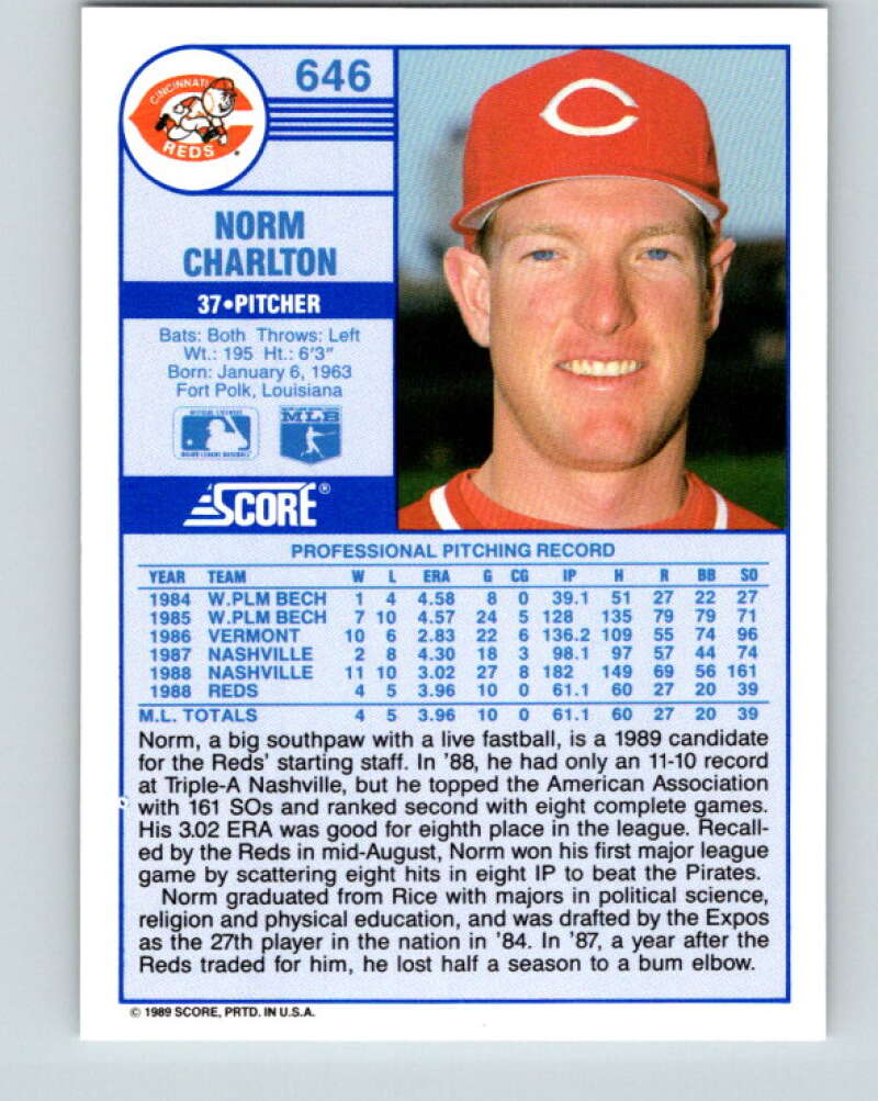 1989 Score #646 Norm Charlton Mint RC Rookie Cincinnati Reds