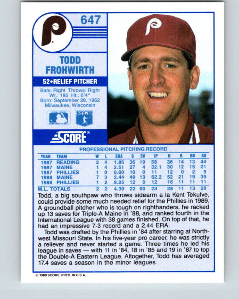1989 Score #647 Todd Frohwirth Mint Philadelphia Phillies