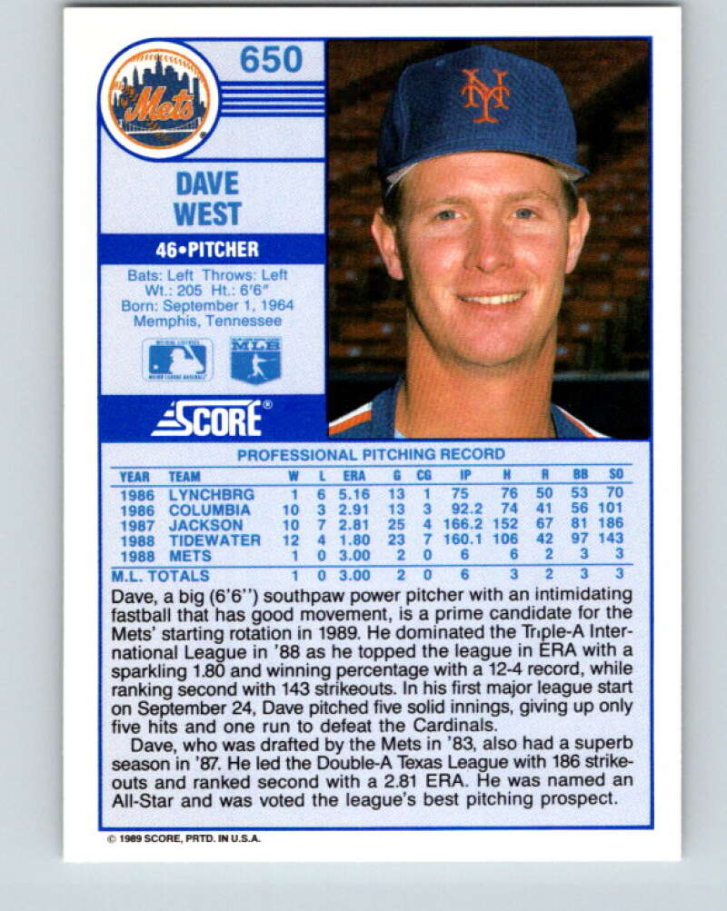 1989 Score #650 David West Mint New York Mets