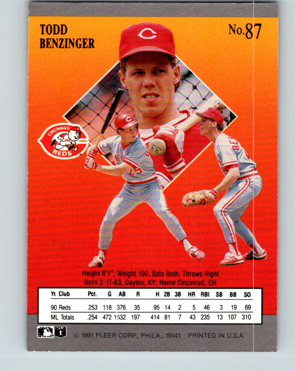1991 Ultra #87 Todd Benzinger Mint Cincinnati Reds
