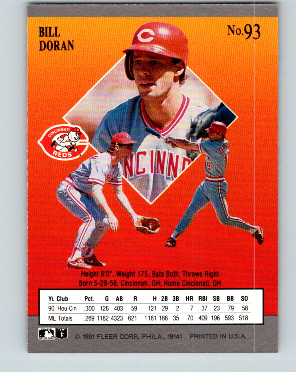 1991 Ultra #93 Bill Doran Mint Cincinnati Reds