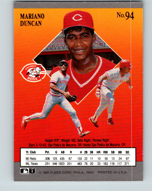 1991 Ultra #94 Mariano Duncan UER Mint Cincinnati Reds