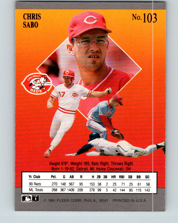 1991 Ultra #103 Chris Sabo UER Mint Cincinnati Reds