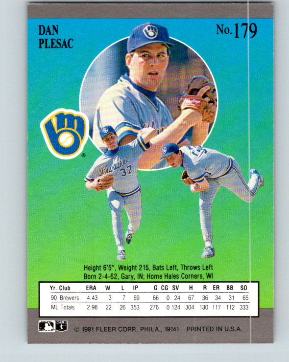 1991 Ultra #179 Dan Plesac Mint Milwaukee Brewers