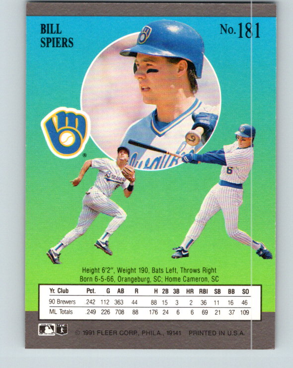 1991 Ultra #181 Bill Spiers Mint Milwaukee Brewers