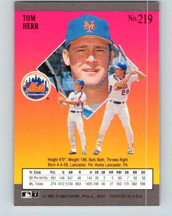 1991 Ultra #219 Tom Herr Mint New York Mets