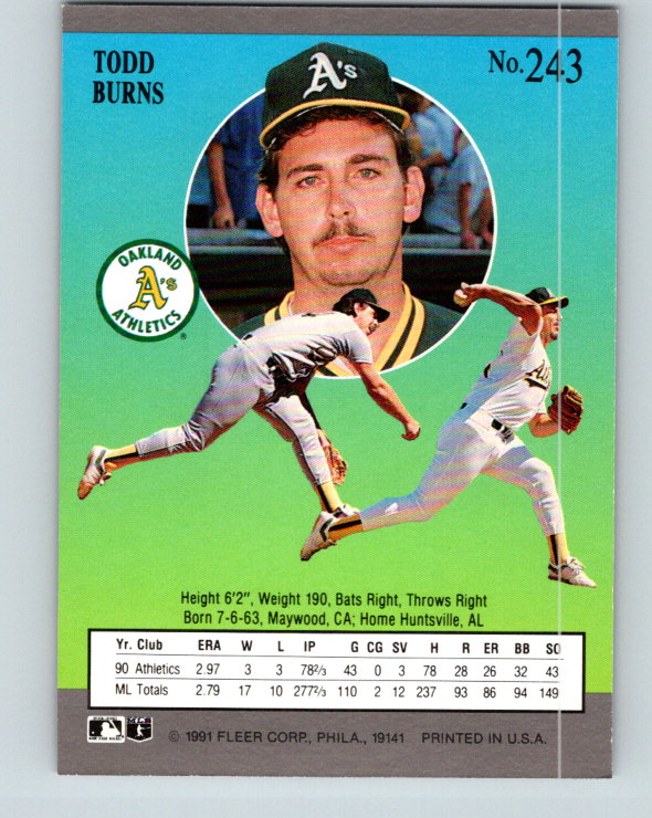 1991 Ultra #243 Todd Burns Mint Oakland Athletics