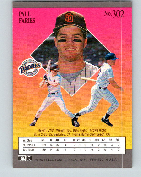 1991 Ultra #302 Paul Faries Mint RC Rookie San Diego Padres