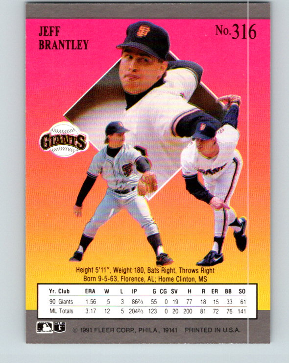 1991 Ultra #316 Jeff Brantley Mint San Francisco Giants