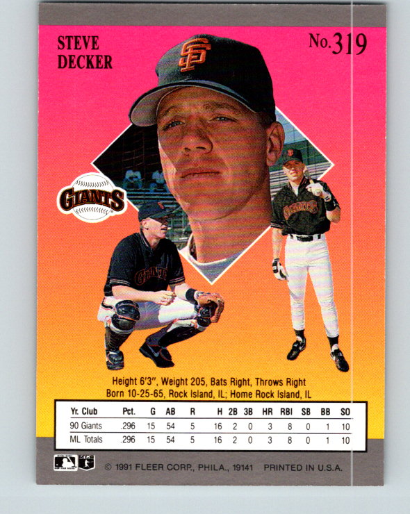 1991 Ultra #319 Steve Decker Mint RC Rookie San Francisco Giants