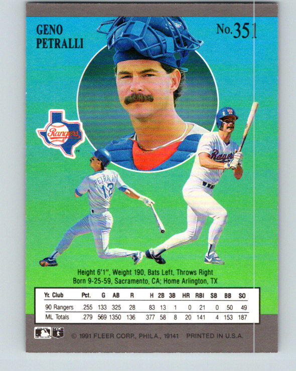1991 Ultra #351 Geno Petralli Mint Texas Rangers