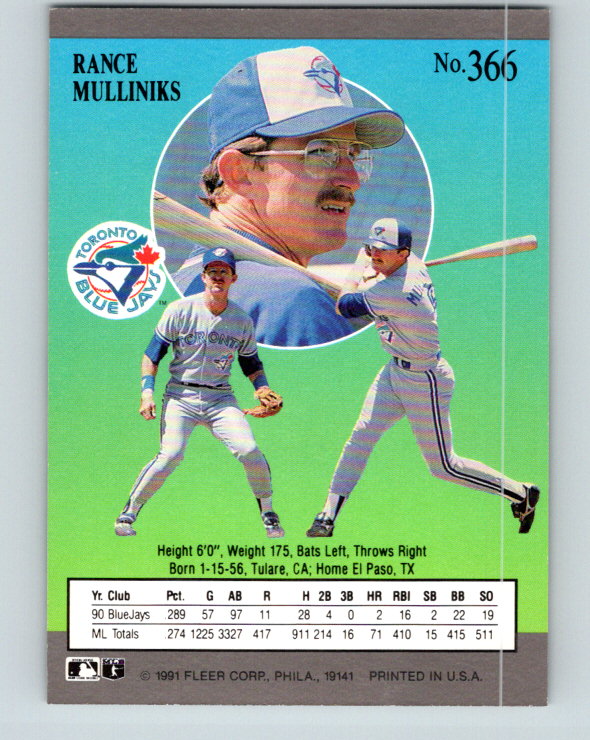 1991 Ultra #366 Rance Mulliniks Mint Toronto Blue Jays