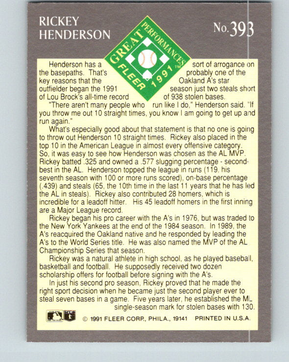 1991 Ultra #393 Rickey Henderson EP Mint Oakland Athletics