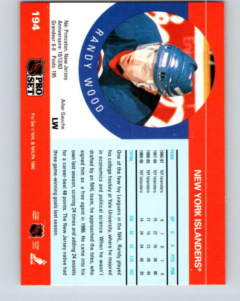 1990-91 Pro Set #194 Randy Wood Mint New York Islanders