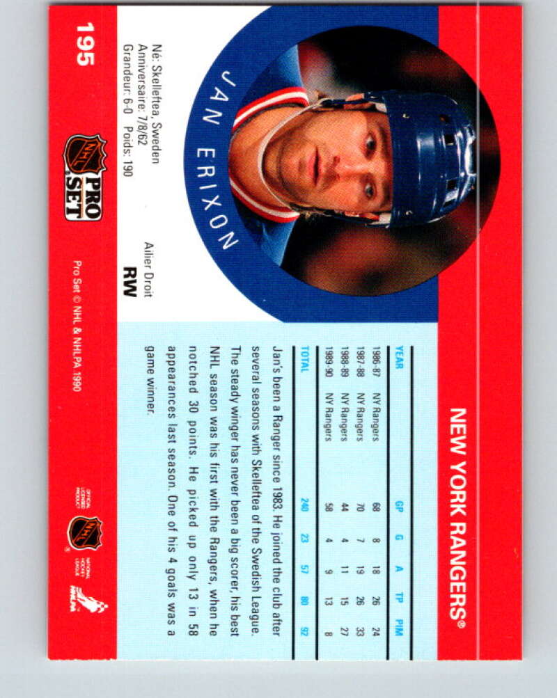 1990-91 Pro Set #195 Jan Erixon Mint New York Rangers