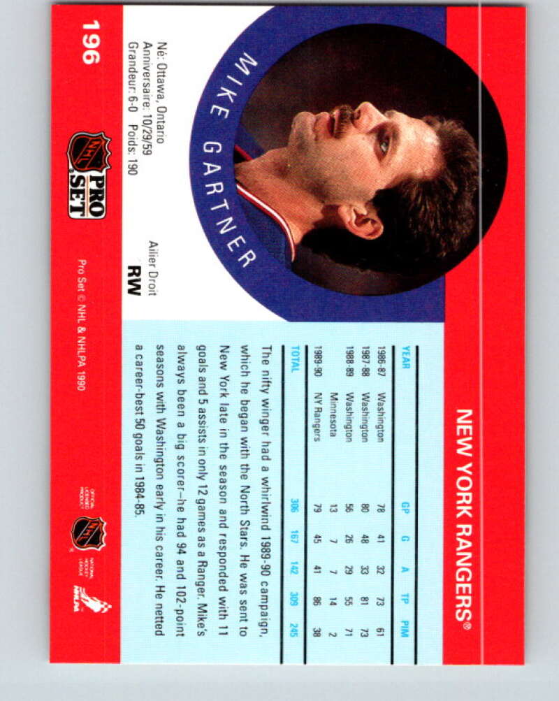 1990-91 Pro Set #196 Mike Gartner Mint New York Rangers