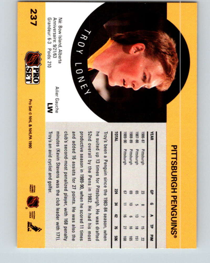 1990-91 Pro Set #237 Troy Loney Mint Pittsburgh Penguins