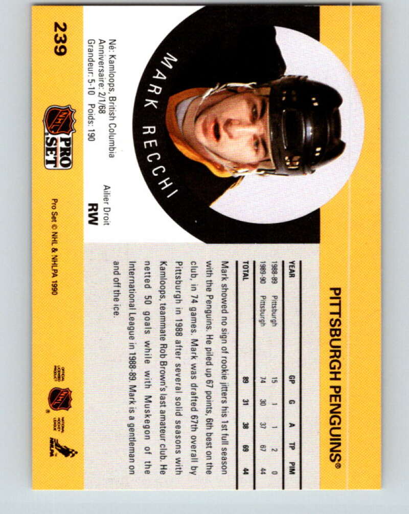 1990-91 Pro Set #239 Mark Recchi Mint RC Rookie Pittsburgh Penguins