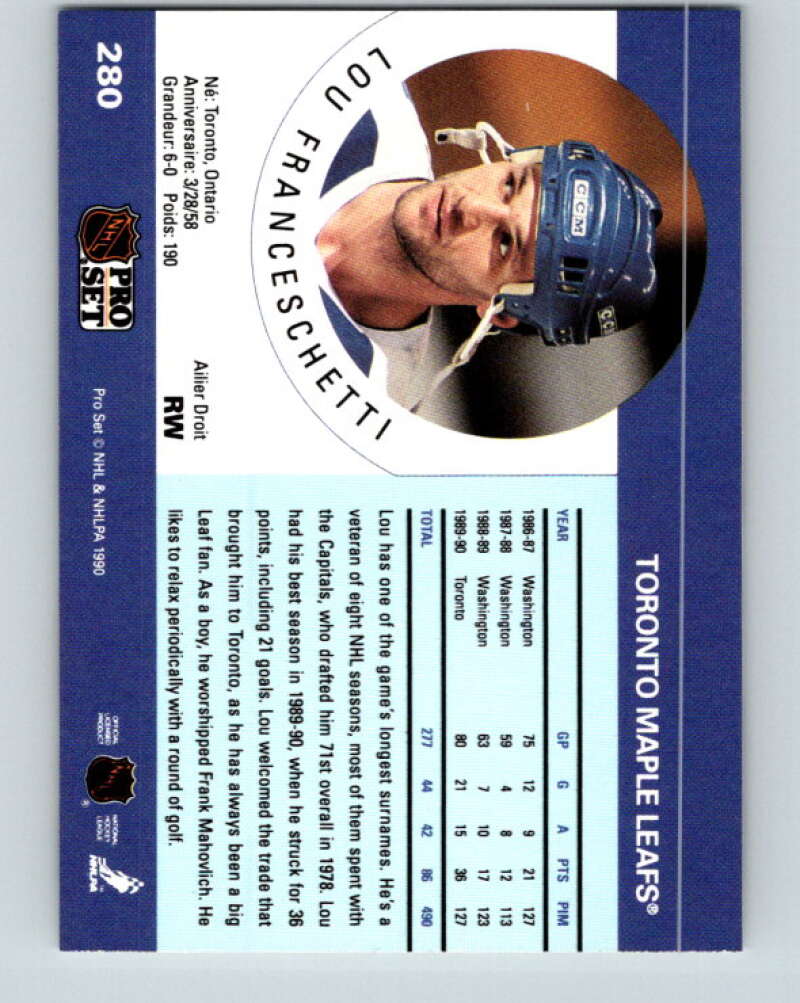 1990-91 Pro Set #280 Lou Franceschetti Mint Toronto Maple Leafs