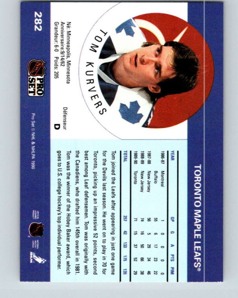 1990-91 Pro Set #282 Tom Kurvers Mint Toronto Maple Leafs