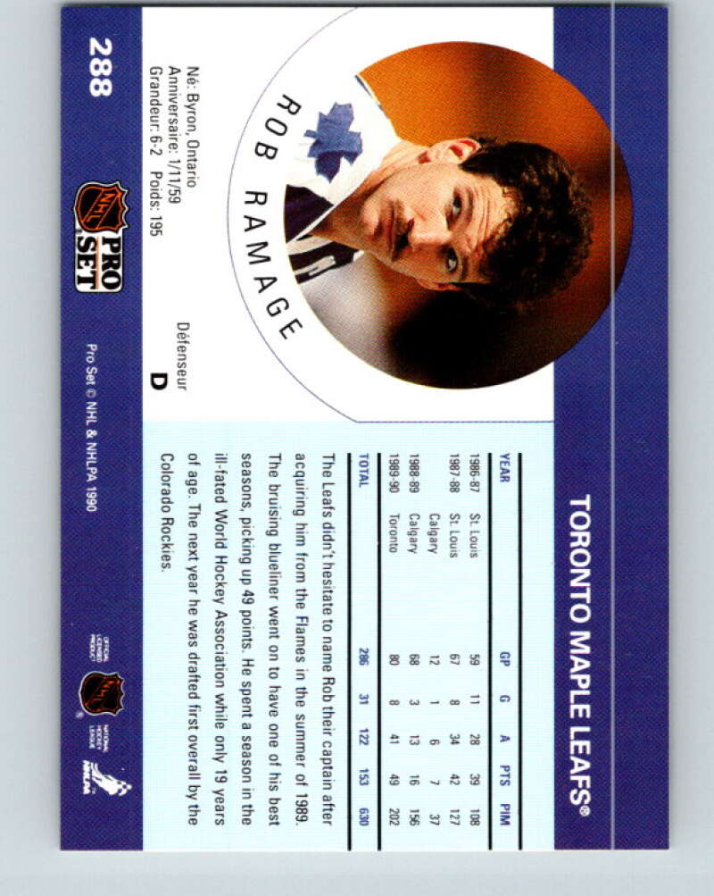 1990-91 Pro Set #288 Rob Ramage Mint Toronto Maple Leafs