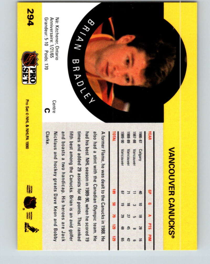 1990-91 Pro Set #294 Brian Bradley Mint Vancouver Canucks