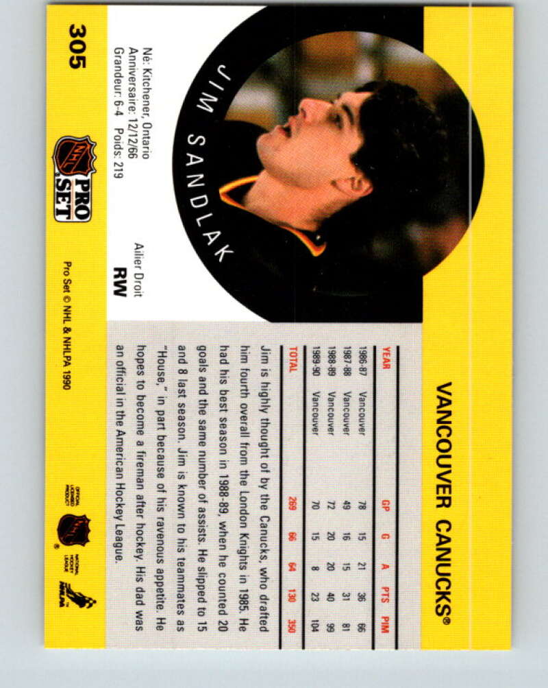 1990-91 Pro Set #305 Jim Sandlak Mint Vancouver Canucks