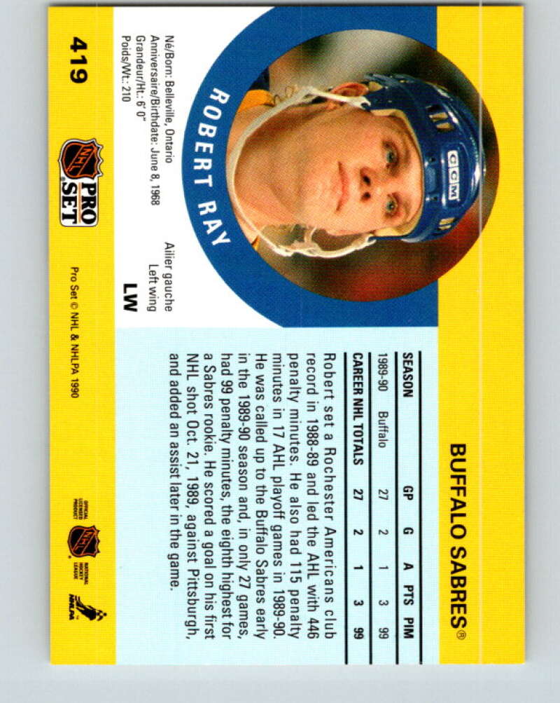 1990-91 Pro Set #419 Robert Ray Mint RC Rookie Buffalo Sabres