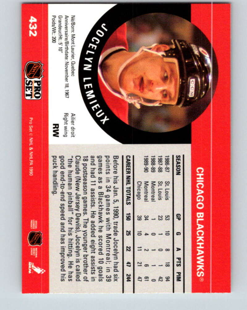 1990-91 Pro Set #432 Jocelyn Lemieux Mint Chicago Blackhawks