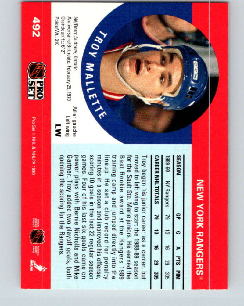 1990-91 Pro Set #492 Troy Mallette Mint New York Rangers