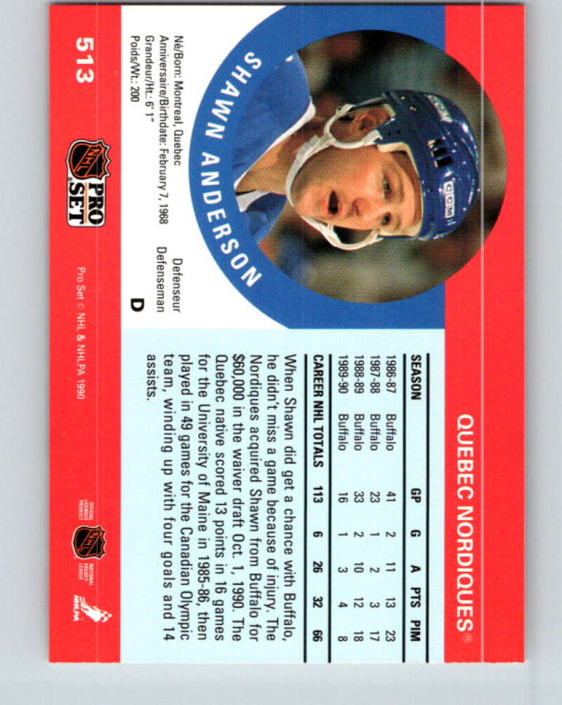 1990-91 Pro Set #513 Shawn Anderson Mint Quebec Nordiques