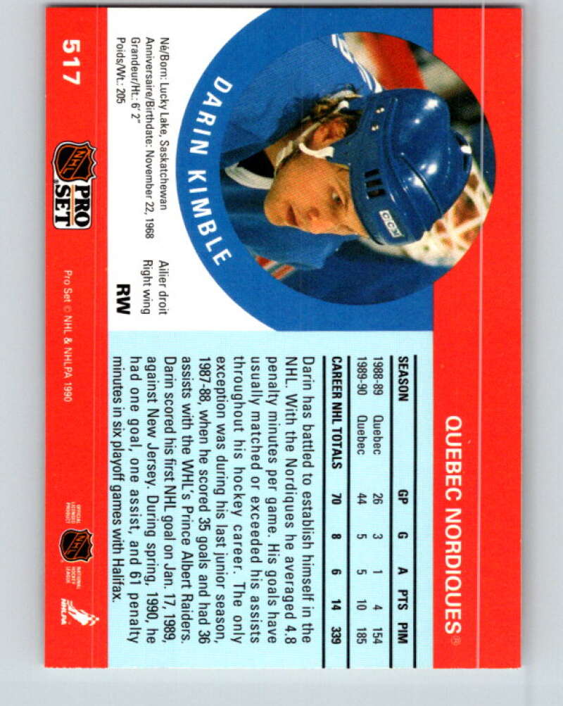 1990-91 Pro Set #517 Darin Kimble Mint Quebec Nordiques